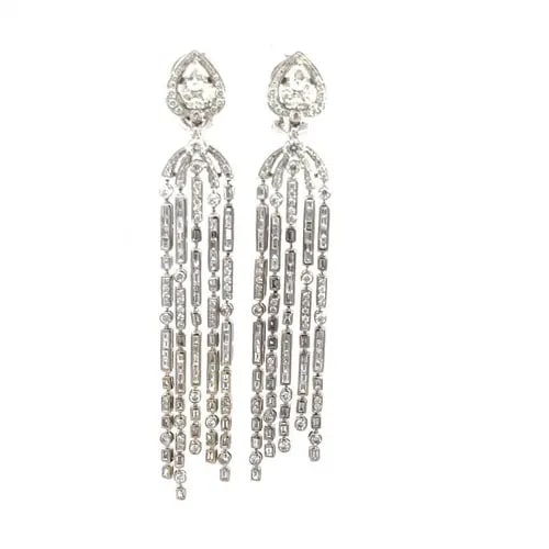 DIAMOND HEART DROP EARRINGS 5.5CT 18K WHITE GOLD MULTI-STRAND: DIAMOND HEART DROP EARRINGS 5.5CT 18K WHITE GOLD MULTI-STRAND These chic contemporary style long earring are crafted from 18k white gold featuring a halo heart shape frame at the top with round cut gr