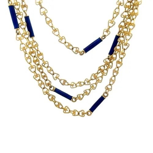 GOLD ENAMEL LONG NECKLACE 18K YELLOW BAR MOTIF HEART CHAIN LINK STYLE 46" LONG: GOLD ENAMEL LONG NECKLACE 18K YELLOW BAR MOTIF HEART CHAIN LINK STYLE 46" LONG This lovely long necklace in 18k yellow gold features a short slim bar motifs attached between fancy textured heart chain
