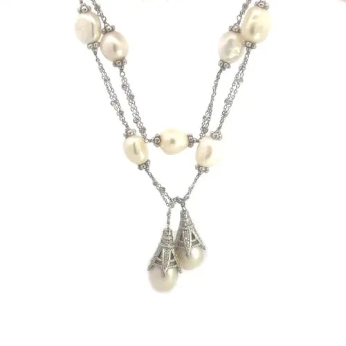 DIAMOND GOLD PEARL NECKLACE TOWER CAP STYLE 18K WHITE LARIAT 42" LONG: DIAMOND GOLD PEARL NECKLACE TOWER CAP STYLE 18K WHITE LARIAT 42" LONG Add elegant and luxury to your collection with the stunning long 18k white gold necklace, it features short length double strand o