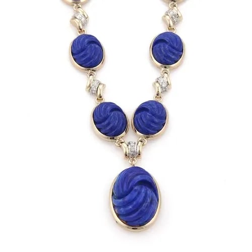 ESTATE 1.3CT DIAMOND CARVED LAPIS 14K TWO TONE GOLD FANCY PENDANT NECKLACE: ESTATE 1.3CT DIAMOND CARVED LAPIS 14K TWO TONE GOLD FANCY PENDANT NECKLACE 57175 Estate 1.00ct Diamond Carved Lapis 14k Gold Oval Link Fancy Necklace Description This gorgeous collar style necklace is