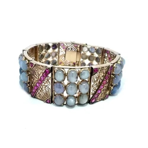 RUBY STAR SAPPHIRE GOLD BRACELET 8K ART DECO WHITE FILIGREE RECTANGLE LINKS (1 of 2)