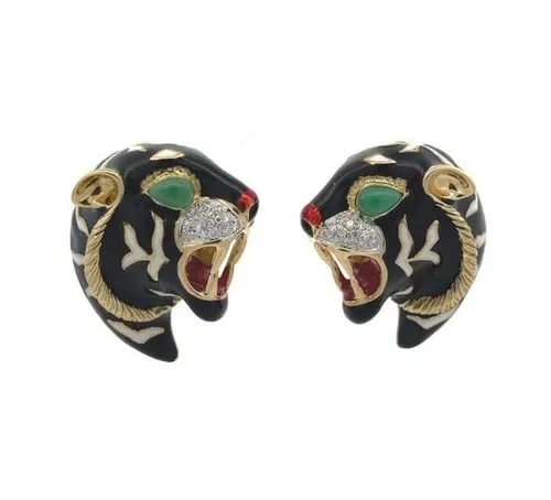 EARRINGS DIAMOND & GEMSTONES TIGER/PANTHER HEAD POST CLIP HUGGIE 18K: These earrings feature a unique design with a tiger/panther head motif, set with natural white diamonds and gemstones. Crafted with 18k gold, the earrings have an omega back closure for secure wear. T