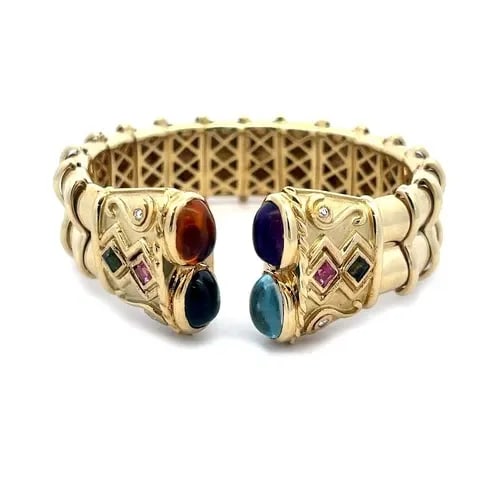 DIAMOND & GEMS CUFF BRACELET 14K YELLOW GOLD DOUBLE BAND DENOIR ITALIAN: DIAMOND & GEMS CUFF BRACELET 14K YELLOW GOLD DOUBLE BAND DENOIR ITALIAN This beautiful cuff bracelet is by designer Denoir, it is crafted from 14k yellow gold featuring a double stack polished band wi