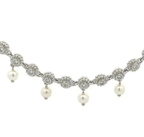 DIAMOND PEARLS 18K WHITE GOLD ETRUSCAN BEAD LINK COLLAR NECKLACE: DIAMOND PEARLS 18K WHITE GOLD ETRUSCAN BEAD LINK COLLAR NECKLACE This is a lovely evening attire necklace, it is crafted from 18k white gold featuring a full length of fine bead Etruscan dome links, t