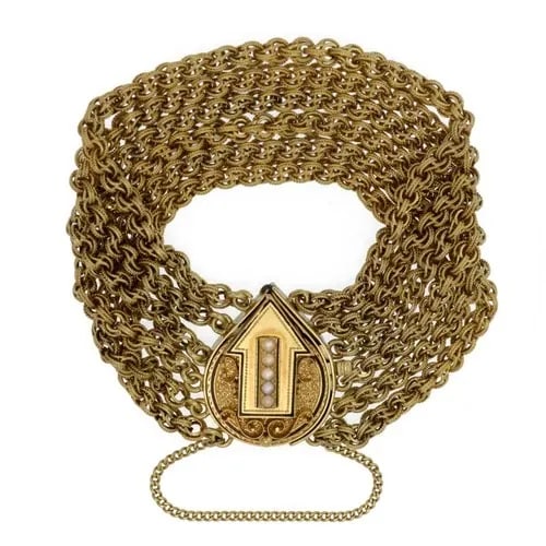 PEARL BRACELET 14K YELLOW GOLD ARROW ENHANCER 6 STRAND CHAIN VICTORIAN: PEARL BRACELET 14K YELLOW GOLD ARROW ENHANCER 6 STRAND CHAIN VICTORIAN This Pearl Bracelet is a stunning piece of antique jewelry made of 14k yellow gold with a Victorian-style arrow enhancer. The bra