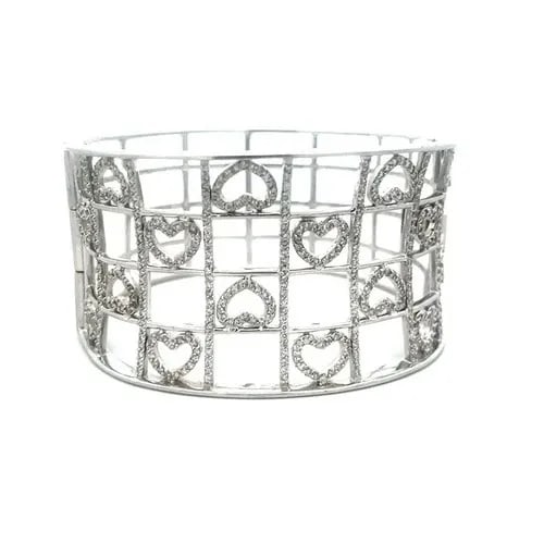 DIAMOND GOLD WIDE BRACELET 14K WHITE PAVE SET HEART OPEN GATE STYLE BAND: DIAMOND GOLD WIDE BRACELET 14K WHITE PAVE SET HEART OPEN GATE STYLE BAND This wide open style hinged bracelet is a stunning piece of 14k white gold jewelry featuring the entire oval shape wide band wi