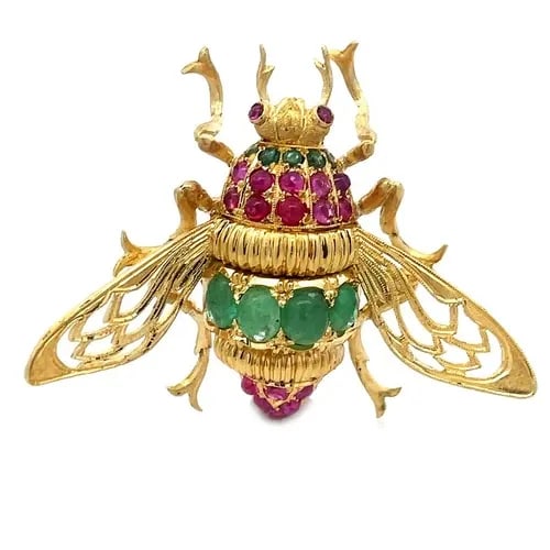 GOLD 18K & GEMSTONE BEE BROOCH YELLOW CABOCHON LARGE (1 of 2)