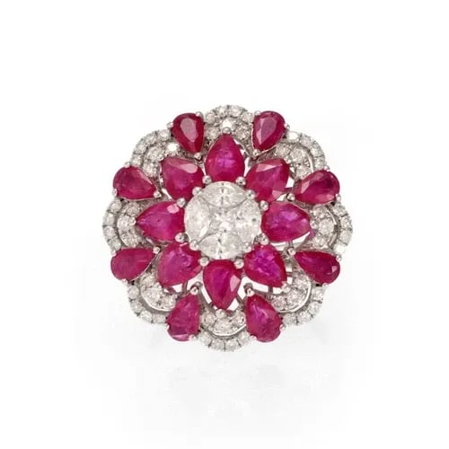 DIAMOND RUBY COCKTAIL RING 18K WHITE GOLD ROUND FLORAL ESTATE 5.30 CT (1 of 2)