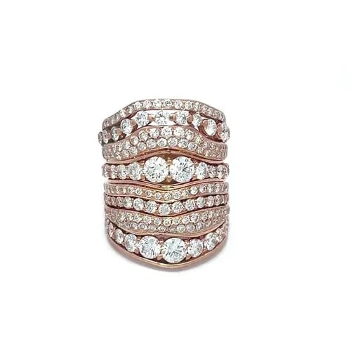 DIAMOND GOLD LONG FINGER RING 18K ROSE 8 ROW WAVE STACK STYLE: DIAMOND GOLD LONG FINGER RING 18K ROSE 8 ROW WAVE STACK STYLE This gorgeous diamond ring is a showcase piece of fine jewelry crafted with 18k rose gold. This unique long finger stack style ring featur