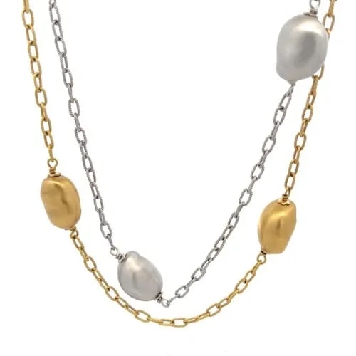 ROBERTO COIN NUGGET NECKLACE 18K TWO TONE GOLD DOUBLE STRAND TOGGLE CLASP: ROBERTO COIN NUGGET NECKLACE 18K TWO TONE GOLD DOUBLE STRAND TOGGLE CLASP This authentic double strand necklace is by Roberto Coin from his Nugget Collection. It is crafted from 18k yellow and white g