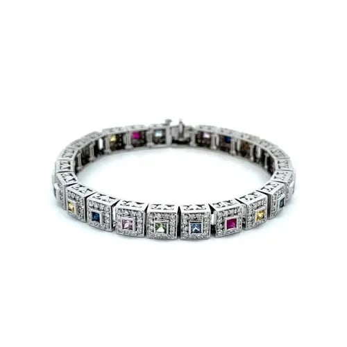 DIAMOND BRACELET RAINBOW SAPPHIRES 14K WHITE GOLD SQUARE LINK (1 of 2)