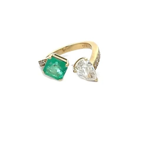 18K DIAMOND EMERALD 2 STONE RING 2.65CT YELLOW GOLD OPEN TOP CUFF NEW (1 of 2)