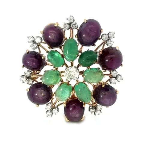 STAR RUBY EMERALD GOLD PENDANT/PIN DIAMOND 2.15CT 14K YELLOW FLORAL ESTATE (1 of 2)