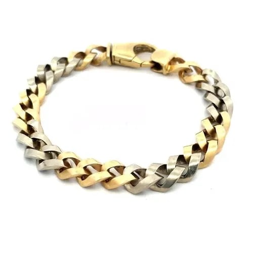 CURB CHAIN BRACELET 14K TWO TONE SHARP STYLE LINKS MEN'S: CURB CHAIN BRACELET 14K TWO TONE SHARP STYLE LINKS MEN'S This is a bold and attractive bracelet, it is crafted from 14k yellow and white gold featuring alternating section links in white and yellow go