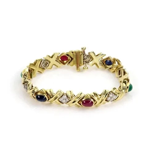 ESTATE 1 CARAT DIAMOND MULTI-COLOR STONES 18K GOLD X LINK BRACELET: ESTATE 1 CARAT DIAMOND MULTI-COLOR STONES 18K GOLD X LINK BRACELET Estate 1 Carat Diamond Colored Stones 18k Gold X Link Bracelet Description This lovely Estate bracelet is crafted from 18k yellow and