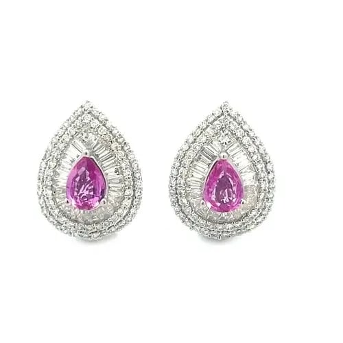 DIAMOND SAPPHIRE GOLD EARRINGS 18K WHITE BALLERINA PEAR POST CLIP STYLE: DIAMOND SAPPHIRE GOLD EARRINGS 18K WHITE BALLERINA PEAR POST CLIP STYLE This is an exquisite pair of diamond gold and gemstone earrings, they feature a stunning combination of natural white diamonds a