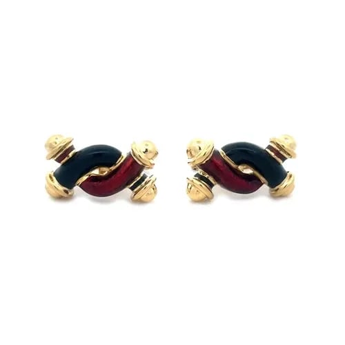 DAVID WEBB GOLD CUFFLINKS 18K YELLOW ENAMEL INTERLACED STYLE: DAVID WEBB GOLD CUFFLINKS 18K YELLOW ENAMEL INTERLACED STYLE This handsome pair of authentic cufflinks is from David Webb, crafted from 18k yellow gold featuring two curved shaped bars set in an inter