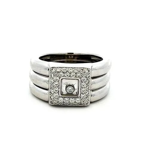 68018 CHOPARD HAPPY DIAMOND 18K WHITE GOLD SQUARE BEZEL WIDE MEN'S RING: 68018 CHOPARD HAPPY DIAMOND 18K WHITE GOLD SQUARE BEZEL WIDE MEN'S RING This is an authentic men's ring by Chopard from the Happy Diamond Collection, it is crafted from 18k white gold featuring a trip
