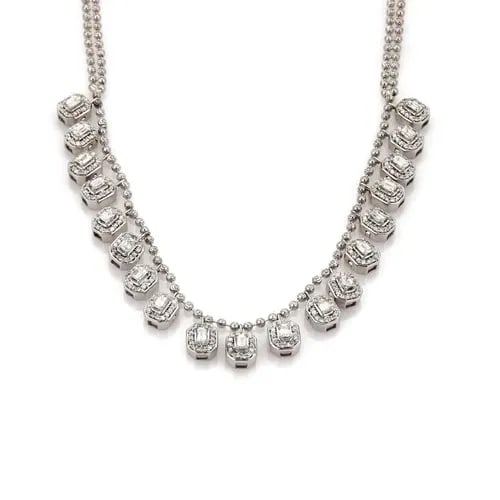 NECKLACE DIAMOND 14K WHITE GOLD DANGLING OCTAGON CHARMS: This necklace features a stunning design with dangling octagon charms made of natural white diamonds set in 14k white gold. The necklace showcases a circle pendant shape with round secondary stones an