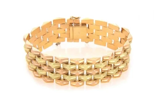 18K YELLOW & ROSE BRACELET 5 ROW FLEX BAR LINK 20MM WIDE RETRO (1 of 2)