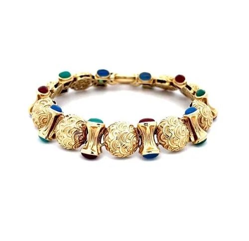 14K MULTICOLOR STONES BRACELET YELLOW GOLD WIDE DOME BUTTON LINK ENGRAVED DESIGN: 14K MULTICOLOR STONES BRACELET YELLOW GOLD WIDE DOME BUTTON LINK ENGRAVED DESIGN This lovely bracelet is crafted from 14k yellow gold featuring alternating textured design half dome button shape link 