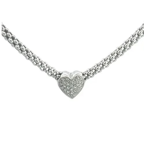 FOPE DIAMOND GOLD HEART NECKLACE 18K WHITE POPCORN CHAIN SLIDE PENDANT: FOPE DIAMOND GOLD HEART NECKLACE 18K WHITE POPCORN CHAIN SLIDE PENDANT This elegant gold necklace is a luxurious piece of fine jewelry featuring a stunning heart-shaped slide pendant with pave set nat