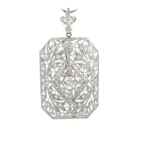ART DECO DIAMOND PENDANT PIN OLD MINE CUT PLATINUM 14K FLORAL FILIGREE: ART DECO DIAMOND PENDANT PIN OLD MINE CUT PLATINUM 14K FLORAL FILIGREE This is a stunning Art Deco pendant or brooch, it is crafted from platinum with 14k white gold pin. The piece features a long oct