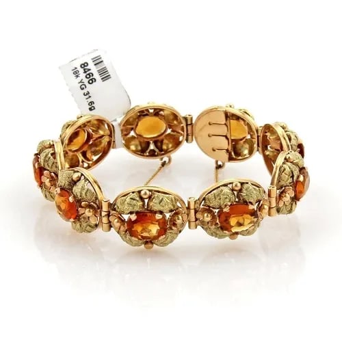 ART NOUVEAU GOLD CITRINE BRACELET 18K YELLOW GOLD FLORAL DESIGN: ART NOUVEAU GOLD CITRINE BRACELET 18K YELLOW GOLD FLORAL DESIGN This Art Nouveau gold bracelet features a beautiful floral design, perfect for women who appreciate vintage and antique jewelry. The 18k