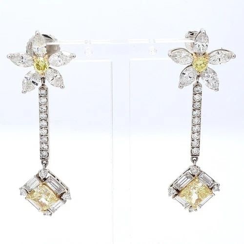 VINTAGE PLATINUM DANGLING EARRINGS 6.72 CARAT FANCY YELLOW MIXED CUT DIAMONDS (1 of 2)