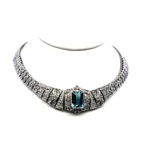 18K WG COLLAR NECKLACE WITH 6CT ROUND I SI DIAMONDS & 13X9.75X6.20 MM AQUAMARINE: 18K WG COLLAR NECKLACE WITH 6CT ROUND I SI DIAMONDS & 13X9.75X6.20 MM AQUAMARINE 18K WG COLLAR NECKLACE WITH 6CT ROUND I SI DIAMONDS & 13X9.75X6.20 MM AQUAMARINE PRODUCT DESCRIPTION Detailed Descripti