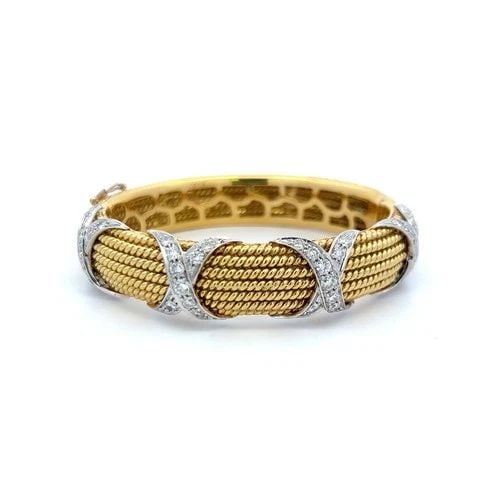 VINTAGE 18K TWO TONE GOLD BANGLE BRACELET WITH 3.05 CARAT ROUND G-VS DIAMONDS (1 of 2)