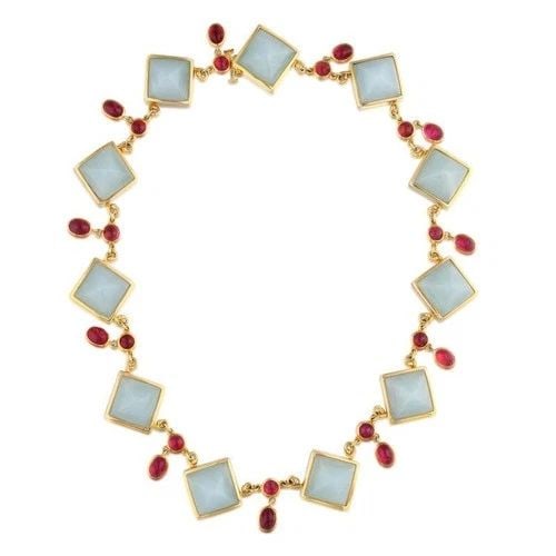 VINTAGE JADE AND RUBY 18 KARAT YELLOW GOLD NECKLACE: VINTAGE JADE AND RUBY 18 KARAT YELLOW GOLD NECKLACE 18K Title: Vintage Jade and Ruby 18 Karat Yellow Gold Necklace Metal: 18 Karat Yellow Gold Dimension: 16 inch Weight: 105 Grams Marked/Tested: Total