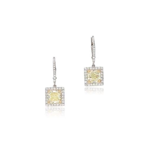 5.03 CARAT RADIANT CUT U-SI1 & Y-VS2 DIAMOND 14K PLATINUM DROP EARRING: 5.03 CARAT RADIANT CUT U-SI1 & Y-VS2 DIAMOND 14K PLATINUM DROP EARRING Title: 5.03 Carat Radiant Cut U-SI1 and Y-VS2 Diamond 14 Karat Platinum Drop Earrings Style: Drop Metal: 14 Karat Platinum Gemsto