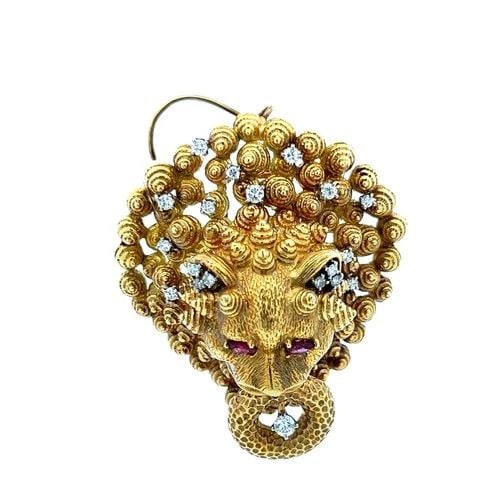 18K YELLOW GOLD PIN BROOCH WITH 0.68 CARAT ROUND DIAMONDS AND 0.3 CARAT RUBY (1 of 2)