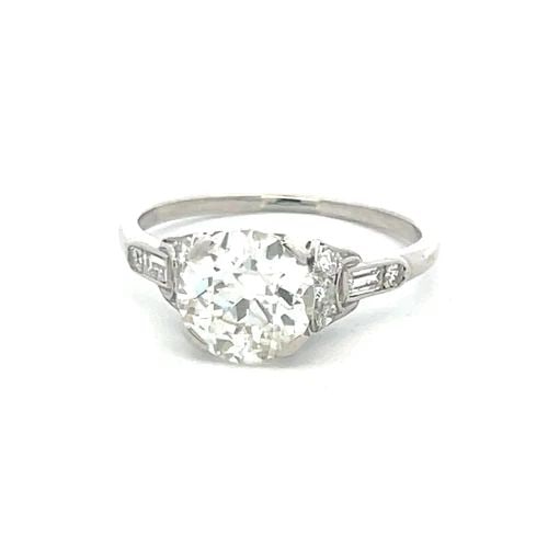 2.71 CARAT OLD EUROPEAN CUT AND EMERALD CUT DIAMOND PLATINUM ART DECO RING: 2.71 CARAT OLD EUROPEAN CUT AND EMERALD CUT DIAMOND PLATINUM ART DECO RING Title: 2.71 Carat Old European Cut J I1 and Circular Brilliant Cut G VS1 and Emerald Cut G VS1 Diamond Platinum Art Deco Ring