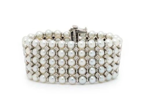 18K WHITE GOLD 4.9-5.25MM PEARL LINK BRACELET WITH 2.95 CARAT ROUND DIAMONDS (1 of 2)