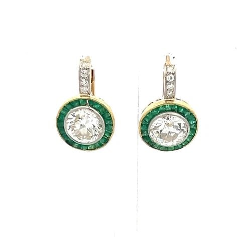 3.51 CARAT OLD EUROPEAN CUT DIAMOND 0.60 CARAT EMERALD 18K GOLD-PLAT EARRINGS (1 of 2)