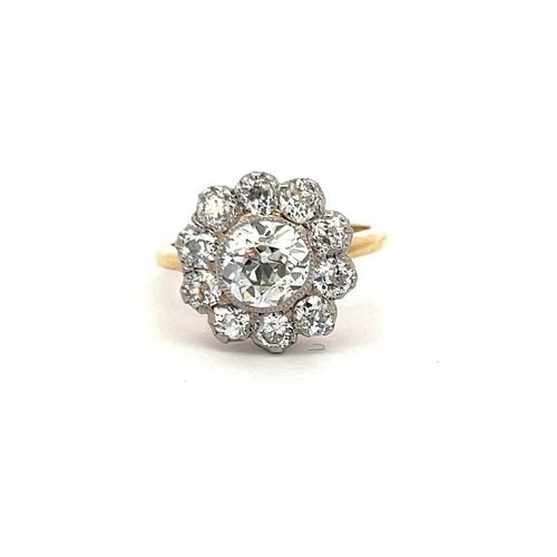 1.57 CARAT OLD EUROPEAN CUT J SI1 DIAMOND 18 KARAT YELLOW GOLD CLUSTER RING (1 of 2)