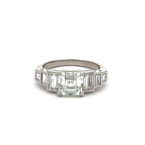 3.23 CARAT ASSCHER CUT AND EMERALD CUT DIAMOND PLATINUM ENGAGEMENT RING: 3.23 CARAT ASSCHER CUT AND EMERALD CUT DIAMOND PLATINUM ENGAGEMENT RING Title: 3.23 Carat Asscher Cut J SI2 and Emerald Cut G VS1 Diamond Platinum Engagement Ring Style: Engagement Metal: Platinum Gem
