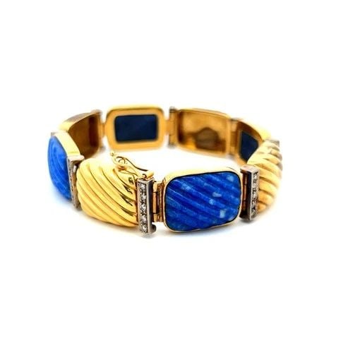 0.88 CARAT ROUND BRILLIANT DIAMOND LAPIS LAZULI 18K YELLOW GOLD LINK BRACELET (1 of 2)