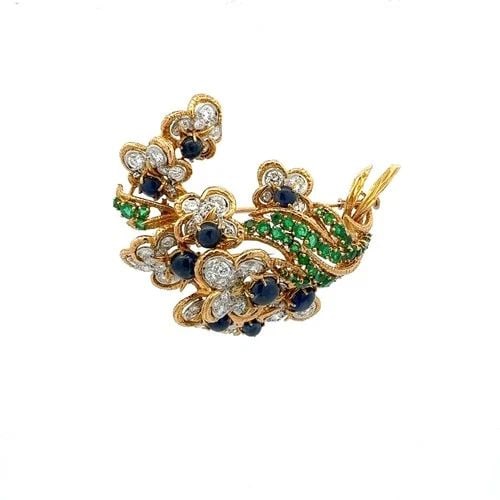 VASSORT ANDRÉ 6.50 CARAT DIAMOND 11 CARAT EMERALD AND SAPPHIRE 18K YG PIN BROOCH (1 of 2)