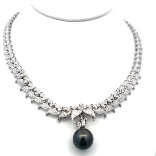 18K WHITE GOLD PENDANT NECKLACE WITH 6 CARAT ROUND H SI DIAMONDS & 23.8 MM PEARL (1 of 2)
