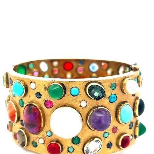 VINTAGE 14K YG BANGLE BRACELET WITH 2.5-14 MM MULTI-GEMSTONES 69.5 GRAMS (1 of 2)