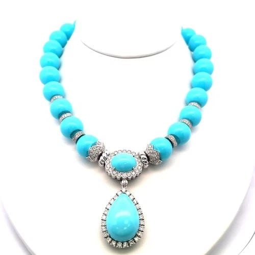 TURQUOISE & 5.20 CARAT DIAMOND 18K WHITE GOLD PENDANT NECKLACE (1 of 2)