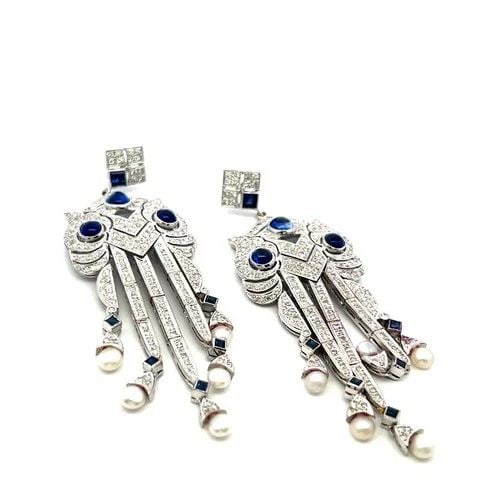 18K WHITE GOLD DANGLING EARRINGS WITH 4.7 CARAT ROUND DIAMONDS SAPPHIRES & PEARL: 18K WHITE GOLD DANGLING EARRINGS WITH 4.7 CARAT ROUND DIAMONDS SAPPHIRES & PEARL 18K WHITE GOLD DANGLING EARRINGS WITH 4.7 CARAT ROUND DIAMONDS SAPPHIRES & PEARL PRODUCT DESCRIPTION Video: Video Link 