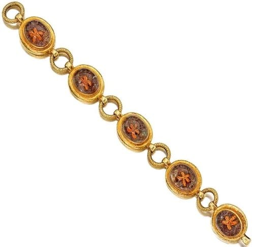 ELIZABETH CAGE QUARTZ AND ENAMEL 18 KARAT YELLOW GOLD LINK BRACELET (1 of 2)
