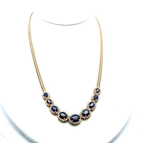 18K YG STATION NECKLACE WITH 1.5 CARAT ROUND DIAMONDS & 9.5 CARAT SAPPHIRES: 18K YG STATION NECKLACE WITH 1.5 CARAT ROUND DIAMONDS & 9.5 CARAT SAPPHIRES 18K YG STATION NECKLACE WITH 1.5 CARAT ROUND DIAMONDS & 9.5 CARAT SAPPHIRES PRODUCT DESCRIPTION Detailed Description: Elevat
