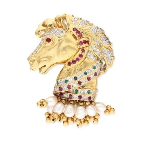 18K GOLD HORSE PIN BROOCH WITH 1.95CT DIAMONDS 0.66CT RUBY 0.3CT EMERALD (1 of 2)