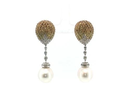 18K WHITE GOLD DROP EARRINGS WITH 2CT ROUND DIAMONDS 5CT SAPPHIRE & 15MM PEARL (1 of 2)