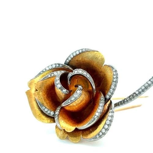 VINTAGE 18K YELLOW GOLD ROSE PIN BROOCH WITH 1 CARAT ROUND H VS DIAMONDS (1 of 2)